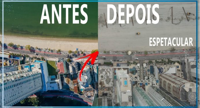 Antes e depois do alargamento da praia em Balneário Camboriú